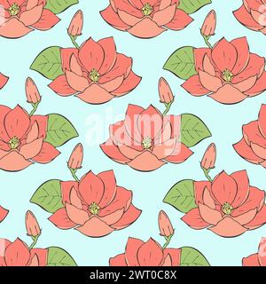 Laghetto con fiori di loto o ninfee su sfondo blu, per imballaggio, sfondo, sfondo, carta da parati. Illustrazione vettoriale Illustrazione Vettoriale