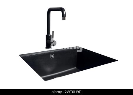 Area lavabo da cucina con rubinetto nero quadrato opaco in stile contemporaneo da inserire nel piano di lavoro della cucina contemporaneo isolato su mockup bianco. Foto Stock