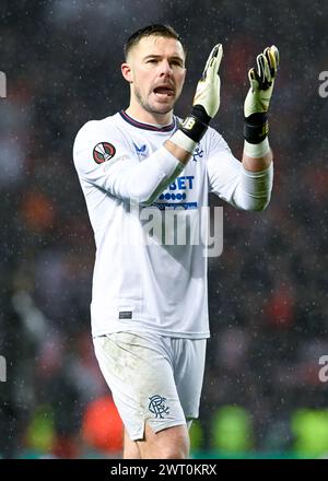 Glasgow, Regno Unito. 14 marzo 2024. Jack Butland dei Rangers durante la partita della UEFA Europa League Round of 16 all'Ibrox Stadium di Glasgow. Il credito per immagini dovrebbe essere: Neil Hanna/Sportimage Credit: Sportimage Ltd/Alamy Live News Foto Stock