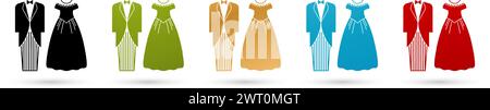 Abiti da donna con illustrazioni vettoriali e smoking isolati su uno sfondo bianco con cinque colori per cartelli, simboli, appendiabiti da toilette, adesivi per accessori Illustrazione Vettoriale