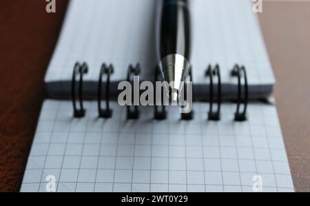 Foto macro della penna a sfera su Un blocco appunti di carta rilegato Foto Stock