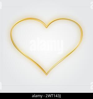 Sottile cornice a cuore dorato. Golden Realistic Heart Border. Il lusso, simbolo dell'amore. Illustrazione Vettoriale
