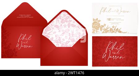 Set di buste d'invito per matrimoni in rosso e oro con motivo floreale a forma di rosa per cancelleria, layout, collage e scenografie Illustrazione Vettoriale