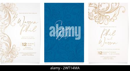 set di biglietti d'invito con decorazioni floreali. set di biglietti d'invito per matrimoni con motivo floreale sfondo bianco isolato per biglietti di auguri Illustrazione Vettoriale