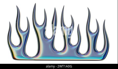 Fiamma 3D. Elemento Y2K alla moda. Colorata e iridescente forma a fuoco acceso con effetto cromo lucido. Rendering 3D. Illustrazione isolata. Foto Stock