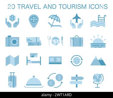 Set di icone turistiche. Semplici simboli per viaggiare in tutto il mondo, vedere attrazioni e patrimonio culturale. Il viaggiatore che prenota un hotel e fa il pieno di bagagli. Stile di vita attivo. Illustrazione vettoriale piatta Illustrazione Vettoriale
