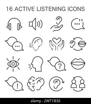 Set di icone delle capacità di ascolto attivo. Simbolo di capacità soft attentiva. Conversazione, negoziazione, intelligenza emotiva e lavoro di squadra. Illustrazione vettoriale piatta Illustrazione Vettoriale