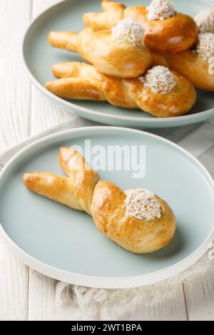 Simpatici coniglietti rotoli in primo piano sul piatto sul tavolo. un'idea per le vacanze. Verticale Foto Stock