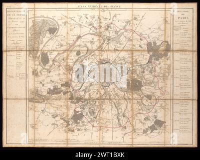 Département de la Seine : décrété les 13 et 19 janvier 1790 par l'Assemblée nationale, divisé en 3 arrondissemens et 20 Justice de paix / gravé par d'Houdan, 1807 o versioni successive. Chanlaire, P.-G. (Pierre-Grégoire), 1758-1817, cartografo. [1807 o più tardi] secondo il dizionario di cartografi di Tooley, Chanlaire fu fondato in rue Geoffroy-Langevin n.. 7 su 1807. Rilievo mostrato da hachures. Include l'elenco dei 3 arrondissements del Département de la Seine nel compartimento a sinistra e l'elenco delle 12 dimore di Parigi nel compartimento a destra. Tagliare in 18 pannelli e montarli su lino. Alcuni Foto Stock