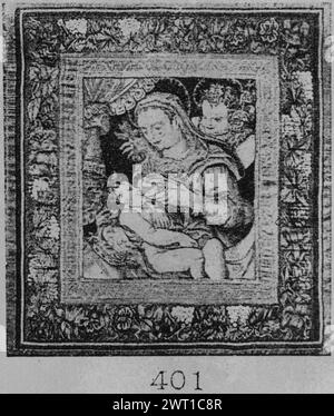 Nascita di Cristo: Adorazione di Cristo-bambino da parte della Vergine Maria e di T. Giovanni Battista. Sconosciuto c. 1520-1530 arazzi dimensioni: H 24' x P 23' arazzi materiali/tecniche: Lana; filo metallico (oro) Cultura: Paesi Bassi meridionali tessitura Centro: Sconosciuta Proprietà storia: Spitzer coll. Madonna (Vergine Maria con Cristo-bambino) seduta con Cristo-bambino lattante, mentre Giovanni Battista guarda da dietro le spalle (BRD) ghirlande di fiori probabilmente tessuti a Bruxelles. Foto Stock