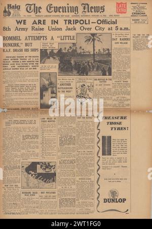 1943 la prima pagina di Evening News riporta la cattura dell'ottava armata di Tripoli Foto Stock