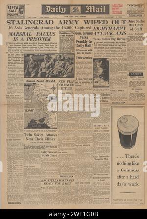 1943 la prima pagina del Daily mail riporta la resa dell'esercito tedesco a Stalingrad e alla Conferenza di Casablanca Foto Stock