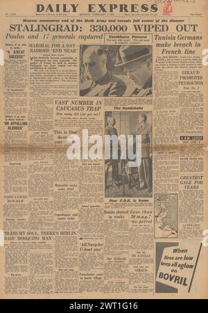 1943 la prima pagina del Daily Express riporta la resa dell'esercito tedesco a Stalingrad e alla Conferenza di Casablanca Foto Stock