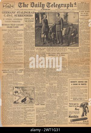 1943 la prima pagina del Daily Telegraph riportava la resa dell'esercito tedesco a Stalingrado e alla Conferenza di Casablanca Foto Stock