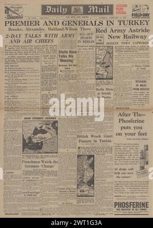1943 la prima pagina del Daily mail riporta che Churchill vola in Turchia, la resa dell'esercito tedesco a Stalingrado e l'avanzata dell'Armata Rossa a Rostov Foto Stock