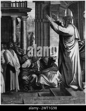 St Paul ad Atene. Raffaello (italiano, 1483-1520) (creatore di cartoni animati) [pittore] Lefebvre, Pierre (francese, b.1579-d.1669) (laboratorio) [tessitore] c. 1650 arazzi materiali/tecniche: Cultura sconosciuta: Centro tessitura francese: Parigi storia della proprietà: Cardinale (Jules) Mazarin (d. 1661) coll. (9 pezzi). Marchese de Mancini col. (9 pezzi ?). Corona d'Italia, Palazzo reale (Milano) (7 pezzi). Pannello aggiuntivo in serie documentato negli archivi di Monaco. Italia, Marche, Pesaro e Urbino, Urbino, Palazzo Ducale. Prima del tempio di Marte (Ares), Paolo, sul rostrum, predica su Areopago prima di un gruppo di filosofi; s Foto Stock