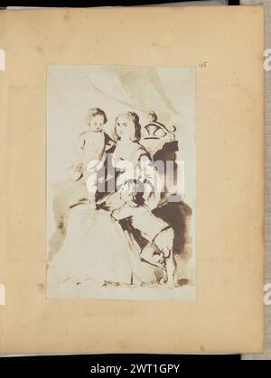 Donna con bambini. Sconosciuto, fotografo anni '1840 - primi anni '1850 fotografia di uno schizzo o acquerello di una donna seduta con due bambini, uno in grembo e uno in piedi accanto a lei. (Recto, montaggio) in alto a destra, a matita: "45"; Foto Stock