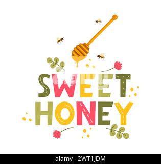 Dolce miele. Sfondo con scritta con cucchiaia in legno di miele e lettere calligrafiche. Illustrazione vettoriale per le aziende produttrici di api da miele Illustrazione Vettoriale