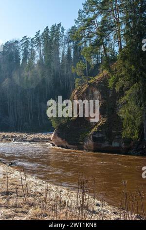 Scopri le meraviglie nascoste di Amatas Dabas Taka mentre fai un'escursione lungo il fiume, con torreggianti scogliere che offrono uno sfondo spettacolare. Foto Stock