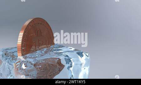 Rendering 3D - moneta souvenir Bitcoin congelata nel ghiaccio. Foto Stock