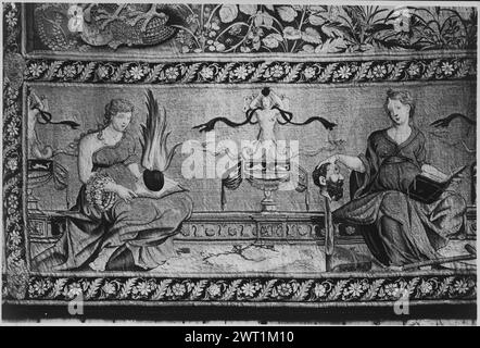 Chiamata di Mosè: Cespuglio ardente. Giulio Romano (italiano, 1492/99-1546) (autore del disegno) [pittore] c. 1545 arazzi dimensioni: A 417 x L 495 cm arazzo materiali/tecniche: Sconosciuta Cultura: Fiamminga Proprietà storia: Austria, Vienna, Vienna, Kunsthistorisches Museum, accno. I/1. Iscrizioni: Segno tessitore non identificato sulla protezione destra, in alto iscrizioni: Iscrizione sul bordo superiore cartiglio: APPARVIT DOMINVS MOYSI.. Nel paesaggio, Mosè, inginocchiato davanti al cespuglio, come miracolo del cambio di canna in serpente viene eseguito; Dio in piedi dall'altra parte dell'albero (=cespuglio); in R terreno intermedio Mosè si tolse la sua S. Foto Stock