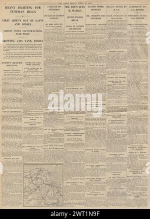 1943 The Times riporta Battaglia per la Tunisia, massacro di Katyn e Battaglia per Kuban Foto Stock