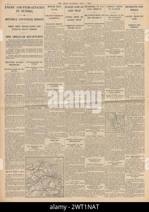 1943 The Times riporta Battaglia per la Tunisia e il massacro di Katyn Foto Stock