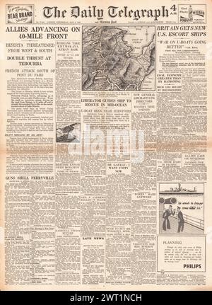 1943 la prima pagina del Daily Telegraph riporta la battaglia della Tunisia Foto Stock