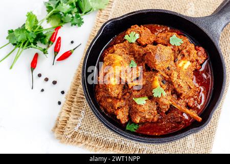 Curry di agnello piccante indiano guarnito con peperoncino rosso e foto dall'alto al coriandolo fresco Foto Stock