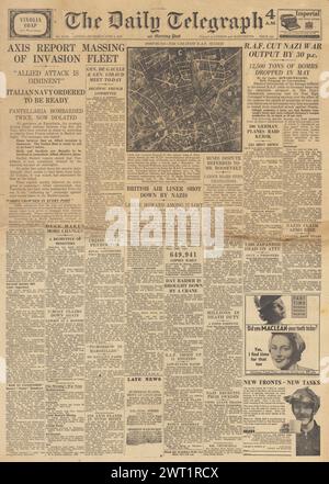 1943 la prima pagina del Daily Telegraph riportava i piani di invasione degli Alleati per l'Europa, Pantellaria tagliata via aria e via mare e Leslie Howard uccisa in un incidente aereo Foto Stock