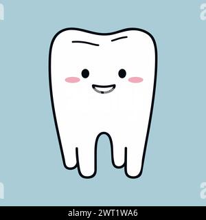 Icona sorridente del dente sano isolata su sfondo blu. Igiene orale dentale. Cura dei denti per i bambini. Design piatto cartoni animati. Illustrazione vettoriale. Illustrazione Vettoriale