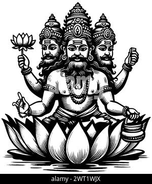 Illustrazione in stile xilografico del dio indù Brahma su sfondo bianco. Illustrazione Vettoriale