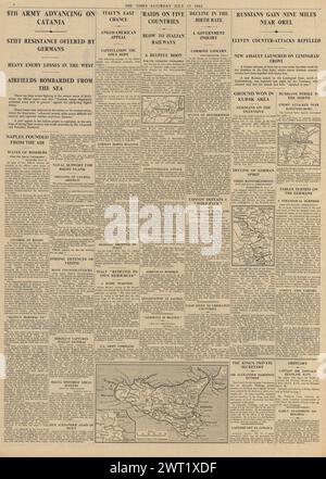 1943 The Times riportava l'invasione alleata della Sicilia e la battaglia di Orel Foto Stock