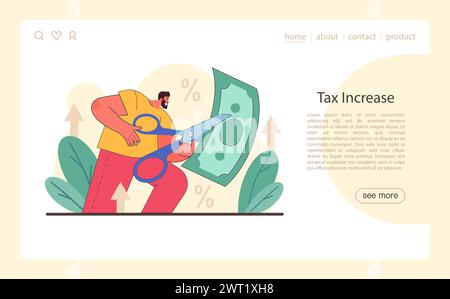 Banner Web o landing page per l'aumento delle imposte. Crisi economica. L'aumento dei prezzi e il valore del denaro diminuiscono. Efficienza finanziaria, budget e idea di economia. Illustrazione vettoriale piatta Illustrazione Vettoriale