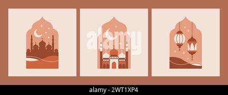 Moderni archi boho orientali minimali con moschea, mezzaluna e lanterne. Finestre islamiche del Ramadan Kareem. Illustrazione vettoriale Illustrazione Vettoriale