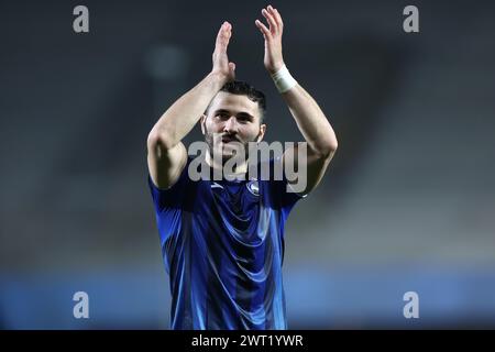 Bergamo, Italia. 14 marzo 2024. Daniel Braganca dello Sporting CP festeggia al termine del round di UEFA Europa League 16 andata e ritorno tra Atalanta BC e Sporting CP allo Stadio Gewiss il 14 marzo 2024 a Bergamo. Crediti: Marco Canoniero/Alamy Live News Foto Stock