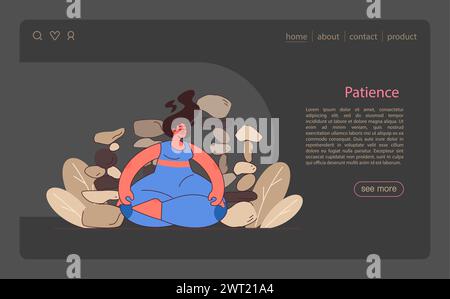 Banner Web o landing page in modalità notte o buio. Una persona calma che trova l'equilibrio. Forza mentale, autocontrollo psicologico. Forte determinazione verso l'obiettivo. Illustrazione vettoriale piatta Illustrazione Vettoriale