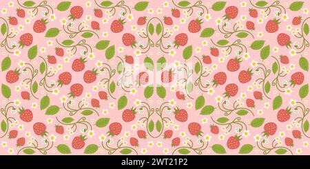 Design di un motivo di fragole senza cuciture con bacche, fiori e foglie verdi affascinanti. Design ripetuto delle superfici applicabile a abbigliamento, tessuti per bambini, con Illustrazione Vettoriale