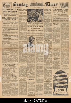 1943 la prima pagina del Sunday Times riporta la bomba della RAF Norimberga, l'avanzata dell'Armata Rossa sul fronte orientale e il re Boris di Bulgaria morto Foto Stock