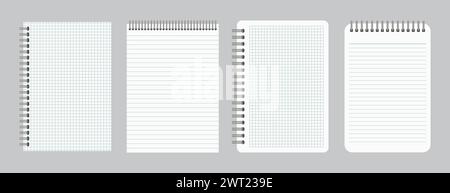 Blocchi appunti con carta foderata vuota e a scacchi con spirale in ferro legante. Set di quattro fogli per notebook. Illustrazione vettoriale Illustrazione Vettoriale