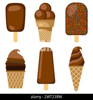 Set di immagini vettoriali del gelato al cioccolato. Gelato al cioccolato su un bastoncino di legno e in una tazza di waffle Illustrazione Vettoriale