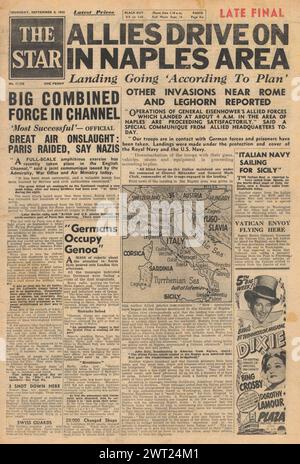 1943 la prima pagina di Star, che riporta l'Italia si arrende incondizionatamente e gli Alleati guidano su Napoli Foto Stock