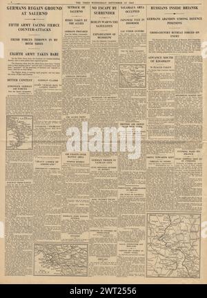 1943 The Times riportava la battaglia per Salerno e la battaglia per Bryansk Foto Stock