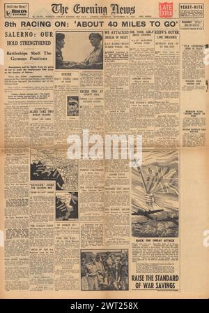 1943 la prima pagina di Evening News riporta Battaglia per Salerno Foto Stock