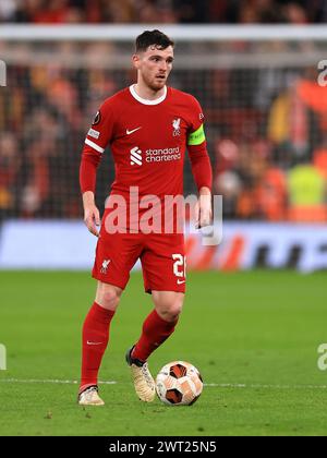 Liverpool, Regno Unito. 14 marzo 2024. Andrew Robertson del Liverpool durante la partita Liverpool FC contro AC Sparta Praga degli ultimi 16 anni, 2a tappa UEFA Europa League ad Anfield, Liverpool, Inghilterra, Regno Unito il 14 marzo 2024 Credit: Every Second Media/Alamy Live News Foto Stock