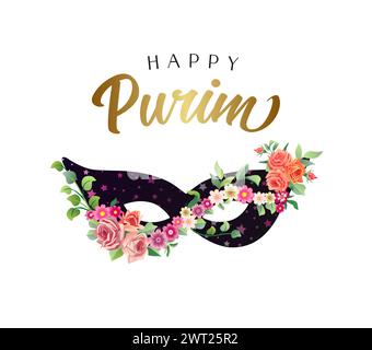 Buon Purim, carini saluti. Maschera decorativa con elementi floreali. Concetto di post sulla cronologia dei social media. Design cartolina. Modello di carta regalo. Illustrazione Vettoriale