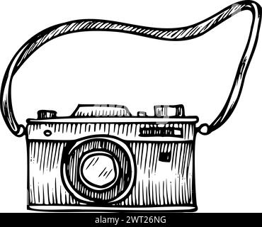 Vector camera d'epoca. Illustrazione disegnata a mano di vecchie apparecchiature analogiche retrò con obiettivo per la fotografia su sfondo bianco. Disegno lineare nero dell'obiettivo per viaggi o viaggi avventurosi. Illustrazione Vettoriale