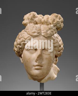 Capo di Afrodite (tipo Capitolino). Sconosciuto i secolo a.C. una testa a grandezza naturale del tipo Capitolino Afrodite. La testa viene rotta al collo e ruotata leggermente a sinistra. Il viso è di forma ovale con poca indicazione della struttura ossea facciale. Il naso è per lo più mancante e la maggior parte della superficie lucida è stata rimossa sul lato sinistro del viso. I capelli sono resi con spesse ciocche ondulate. Si separa al centro e lo tira indietro in un panino sul retro della testa. Le ciocche più frontali di capelli vengono raccolte e legate a un fiocco che poggia sulla parte superiore della testa. Due arricciature Foto Stock