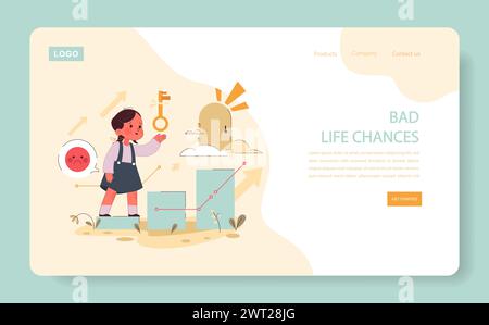 I bambini trascurati hanno meno opportunità attraverso il banner Web Life o la landing page. Ragazzina con poche possibilità di successo futuro. Assenza di papa', mancanza di supporto parentale. Illustrazione vettoriale piatta Illustrazione Vettoriale