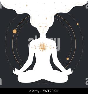 Donna seduta in posa di loto e meditando in cerchio dorato. Arte magica celeste. Illustrazione vettoriale Illustrazione Vettoriale